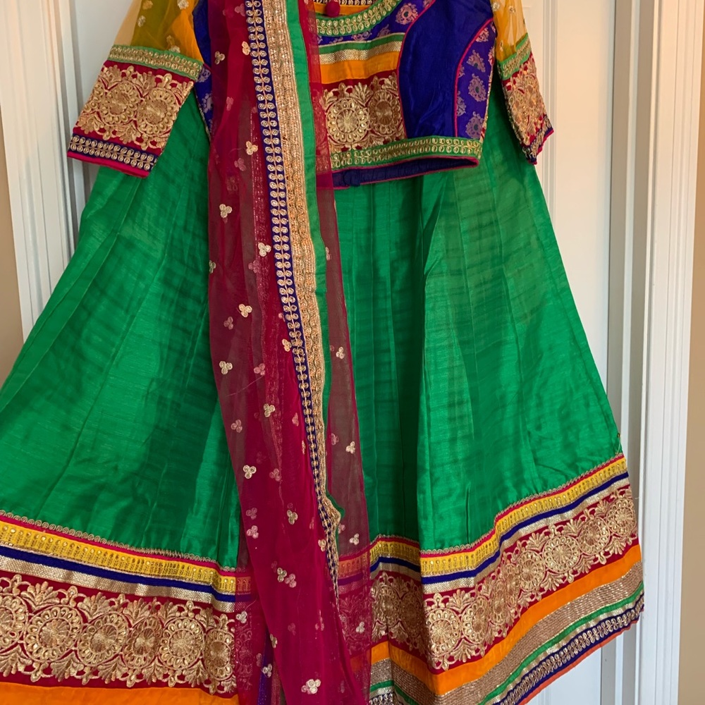 Chania choli green, yellow and pink color